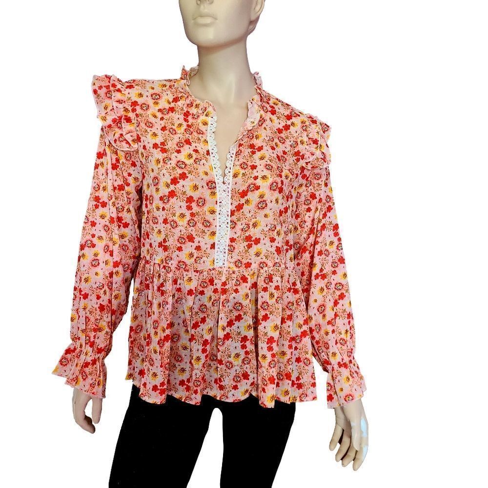 Orange Floral Pattern Peplum Blouse with Ruffles